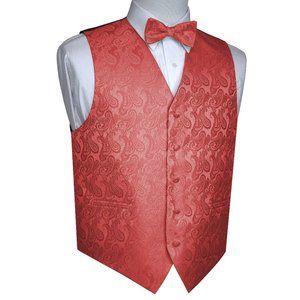 Men's Formal Wedding Prom Homecoming Tuxedo Vest Bow-Tie Hankie - Coral Paisley